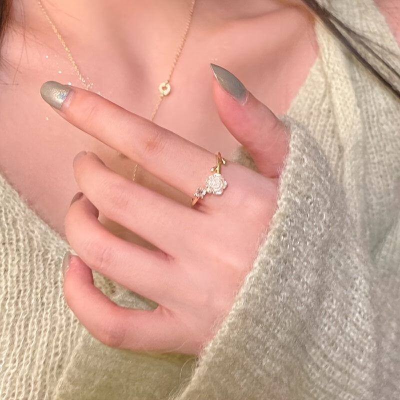 New Thorn Camellia Open Ring For Women, Sweet Girlish Style, Adjustable Rose Flower BFF Pair Rings, Perfect Gift Choice