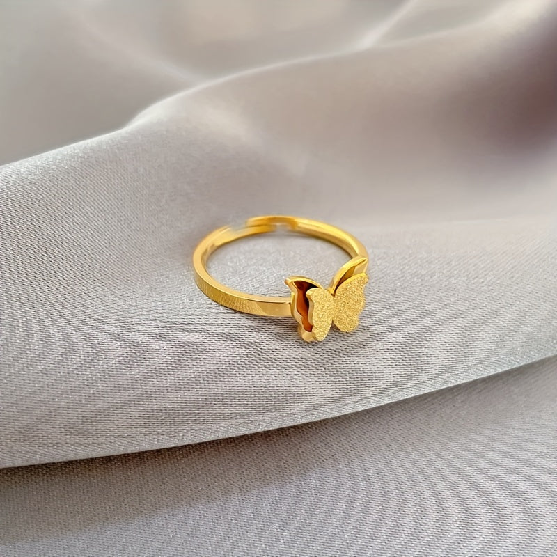 1PC Fashion Minimalist Double-Layer Star Stainless Steel Open-End Ring For Women - Retro Ethnic Style 18K Gold-Plated Adjustable Band - Suitable For Daily Wear, Parties, And Gifting