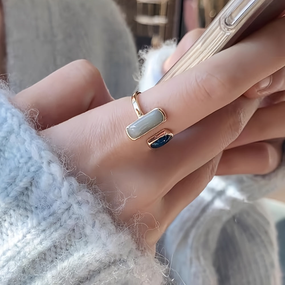 French Vintage Style Ring For Women, Enamel Drip Design, Retro Golden Adjustable Open Ring, Versatile Daily Jewelry