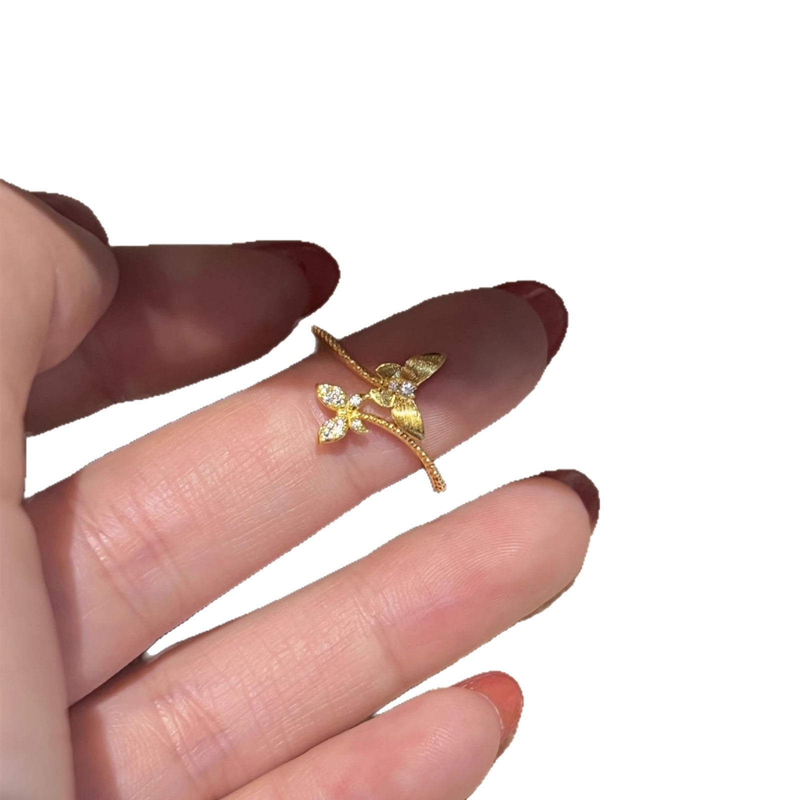 Diamond-Encrusted Brushed Vine And Little Butterfly Ring