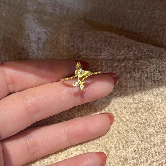 Diamond-Encrusted Brushed Vine And Little Butterfly Ring