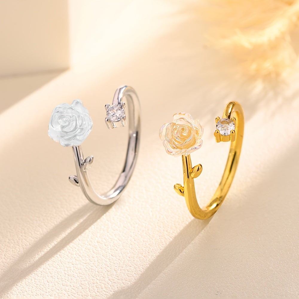 New Thorn Camellia Open Ring For Women, Sweet Girlish Style, Adjustable Rose Flower BFF Pair Rings, Perfect Gift Choice