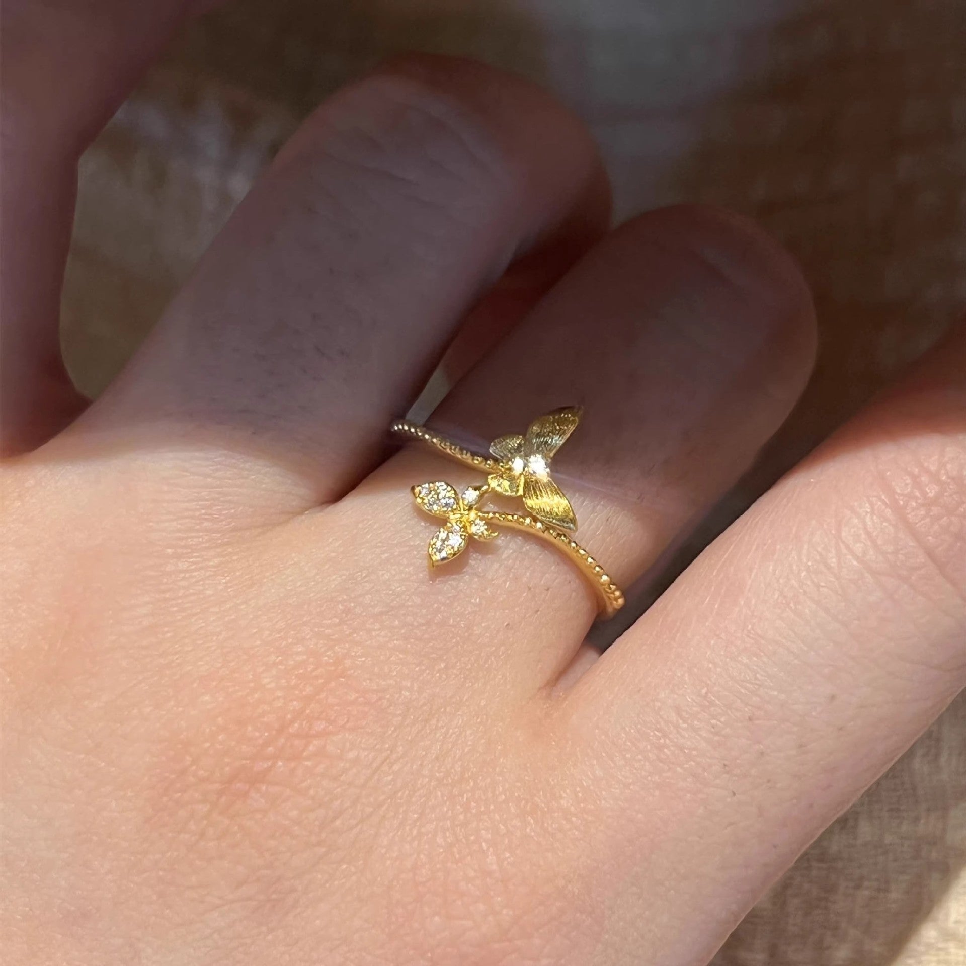 Diamond-Encrusted Brushed Vine And Little Butterfly Ring
