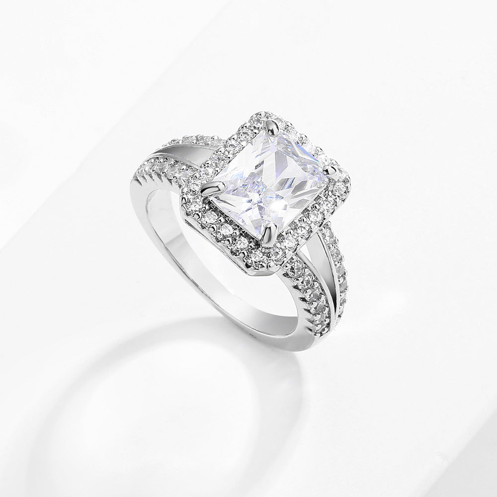Classic European And American Four-Prong White Square Zircon Ring For Women