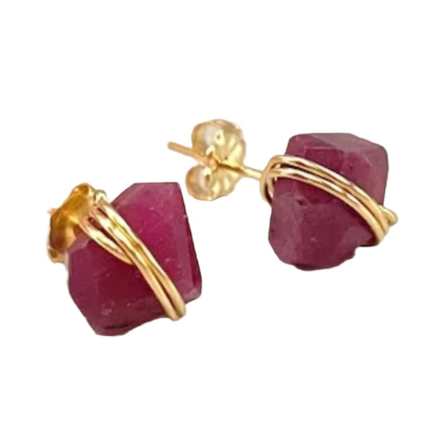 New Red Irregular Stone Wrapped Wire Earrings