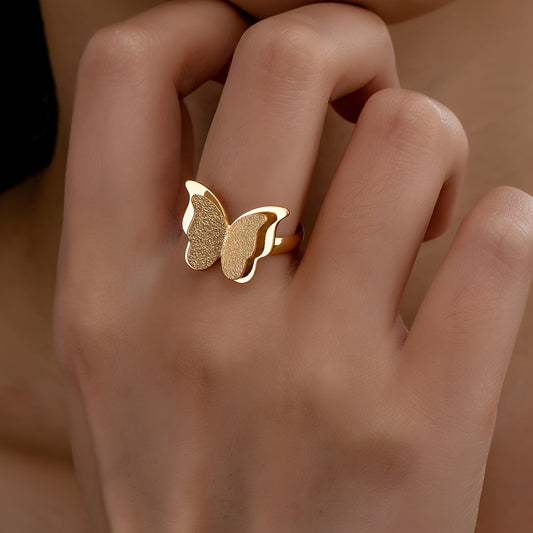 1PC Fashion Minimalist Double-Layer Star Stainless Steel Open-End Ring For Women - Retro Ethnic Style 18K Gold-Plated Adjustable Band - Suitable For Daily Wear, Parties, And Gifting