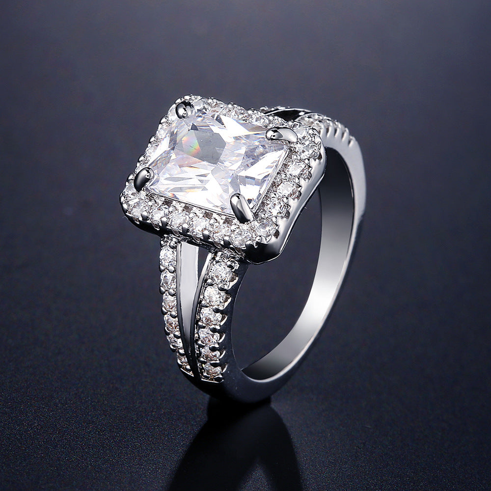 Classic European And American Four-Prong White Square Zircon Ring For Women