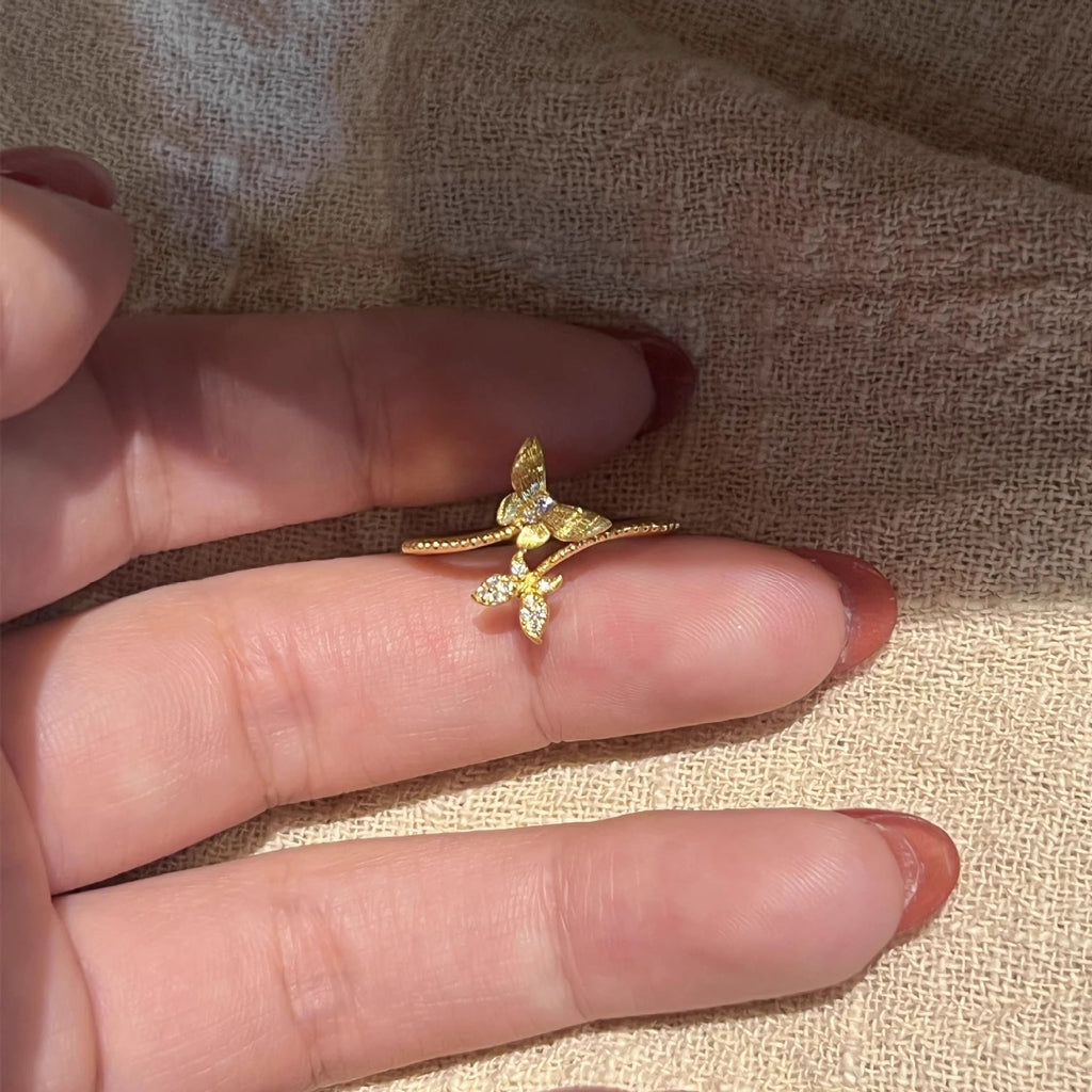 Diamond-Encrusted Brushed Vine And Little Butterfly Ring