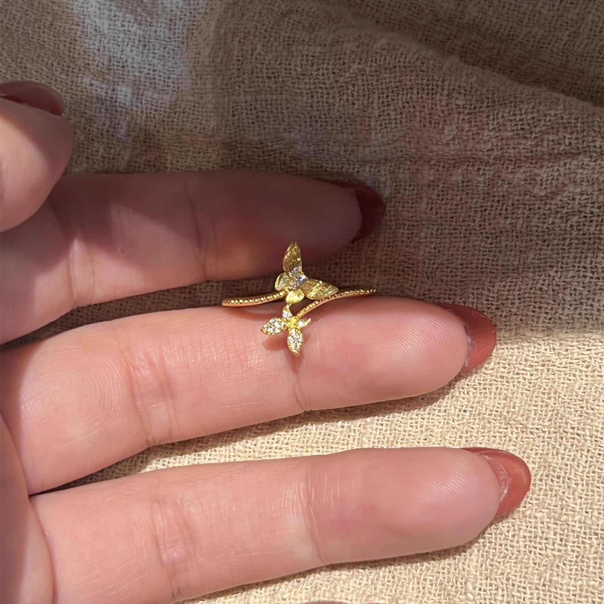 Diamond-Encrusted Brushed Vine And Little Butterfly Ring