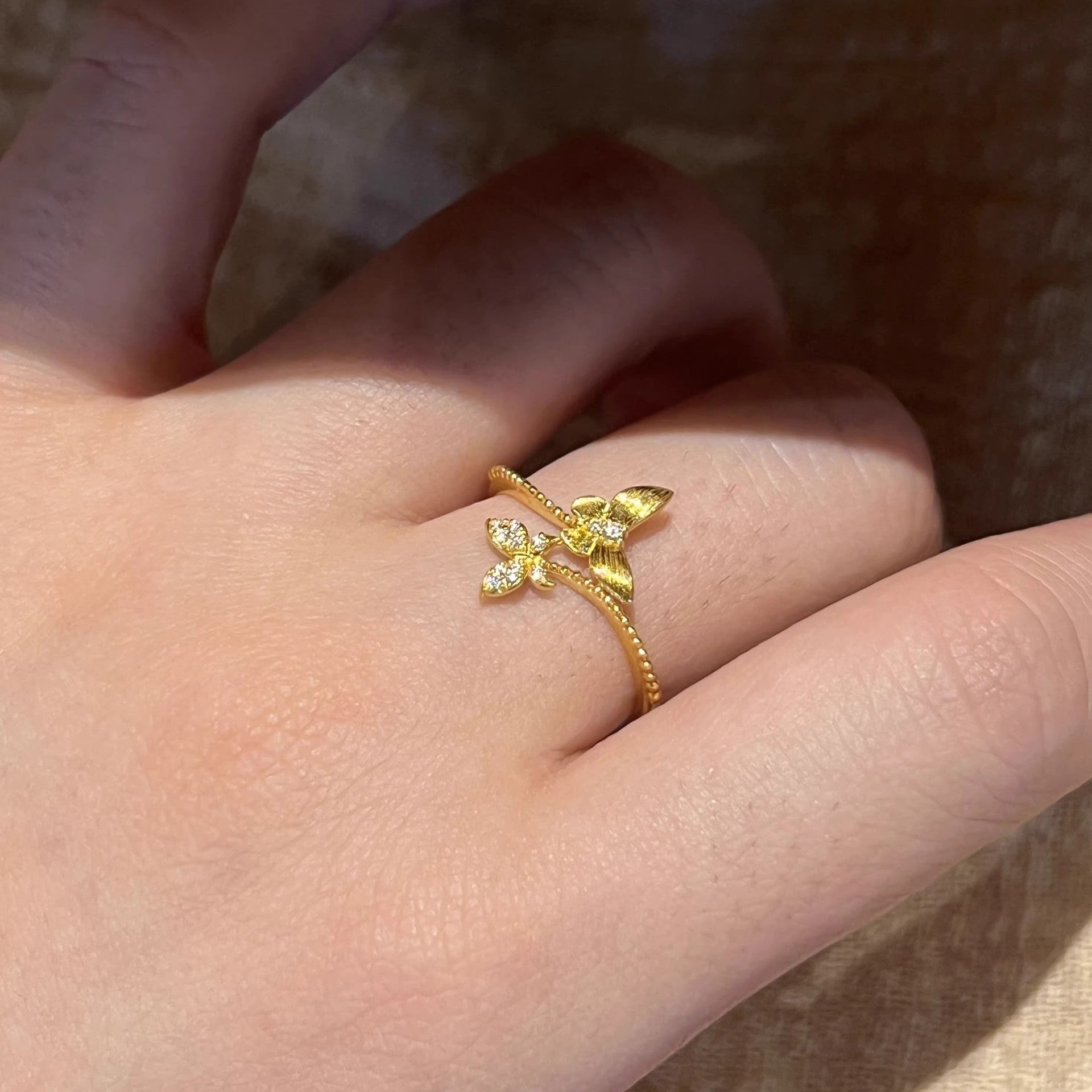 Diamond-Encrusted Brushed Vine And Little Butterfly Ring