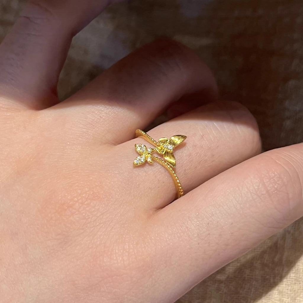 Diamond-Encrusted Brushed Vine And Little Butterfly Ring