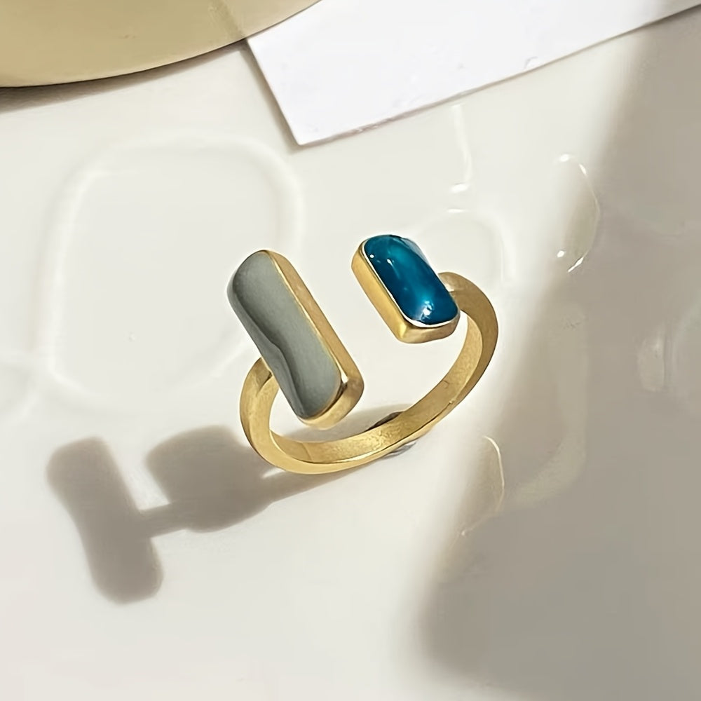 French Vintage Style Ring For Women, Enamel Drip Design, Retro Golden Adjustable Open Ring, Versatile Daily Jewelry