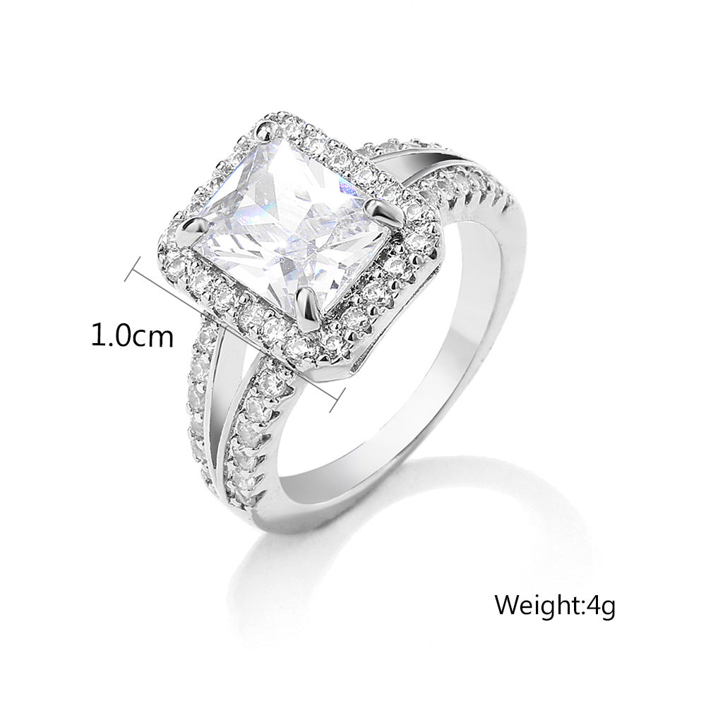 Classic European And American Four-Prong White Square Zircon Ring For Women