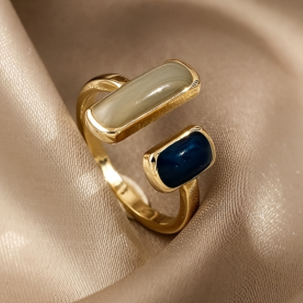 French Vintage Style Ring For Women, Enamel Drip Design, Retro Golden Adjustable Open Ring, Versatile Daily Jewelry